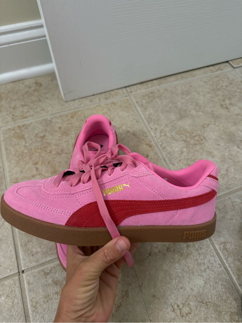 Puma Women’s Pink Sneakers with Red Stripe and Gum Sole